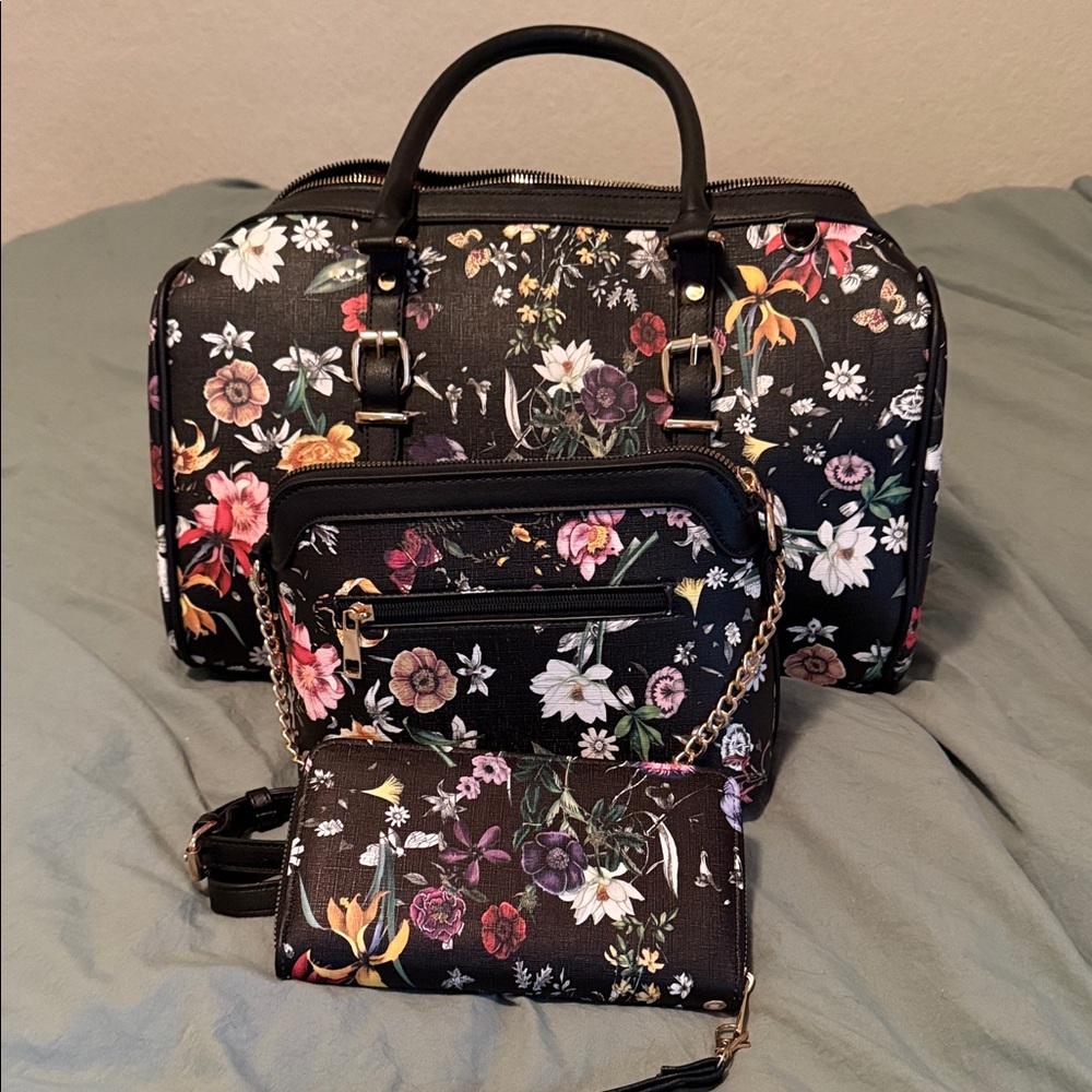 Floral Black Women's Bag Set